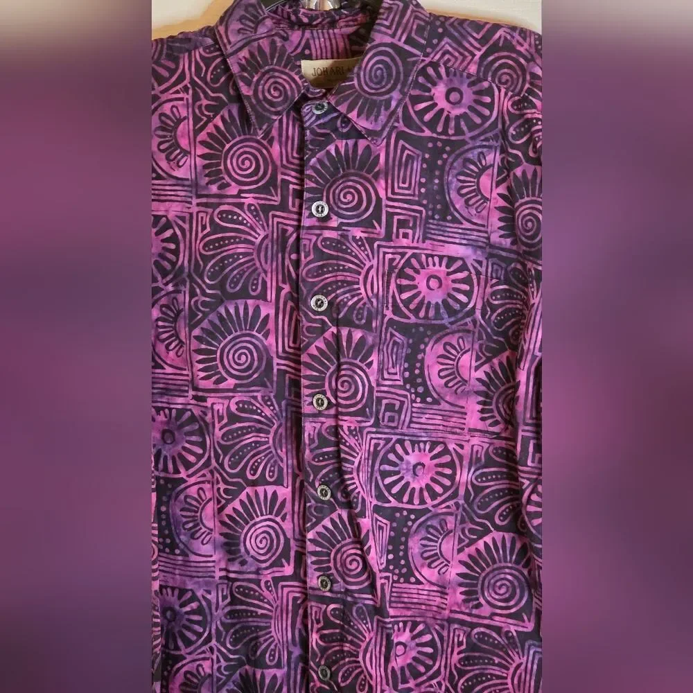 Johari West L Purple Batik Print  Abstract Aloha Hawaiian Shrtslv Men Shirt